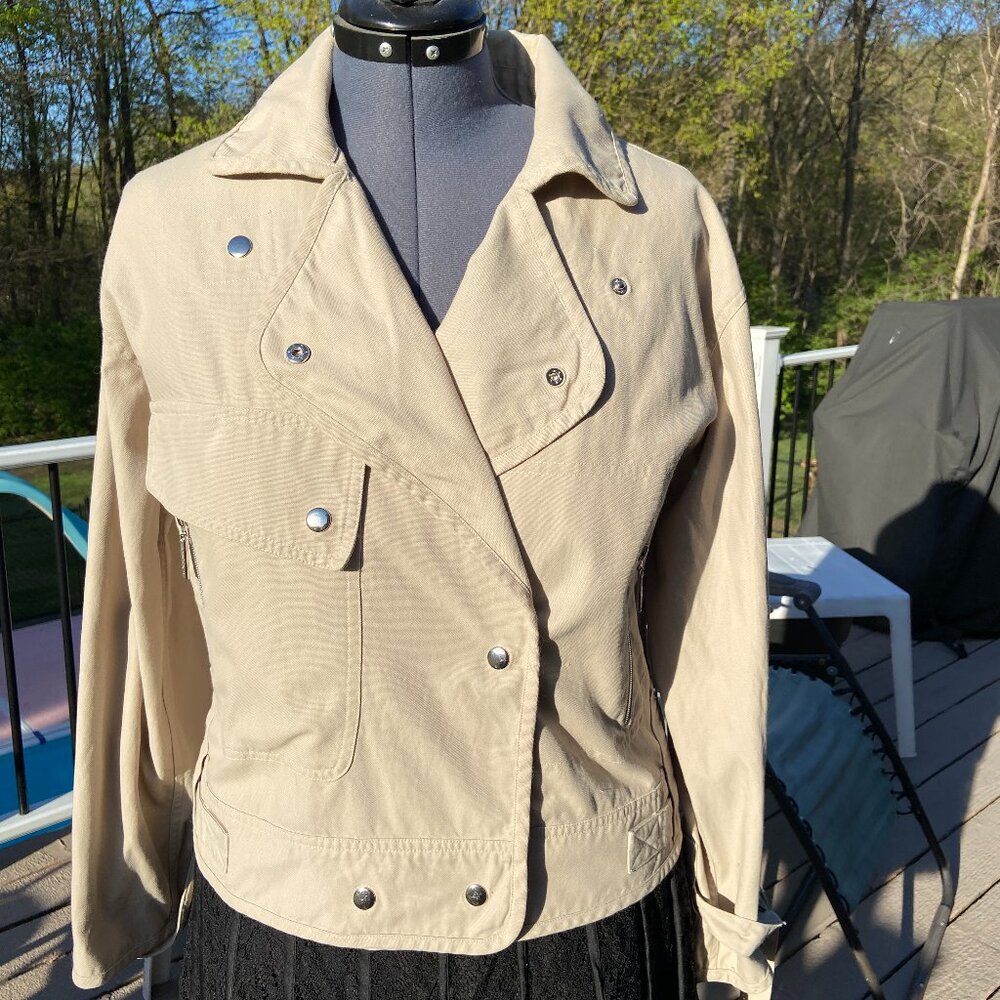 Tan Moto / trench jacket with zippers, with side and cuff cinch buckles, size L